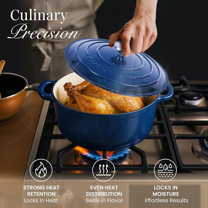 Cast Iron Pot with Lid-Non-Stick Ovenproof Enamelled Casserole Pot, Oven Safe up to 500° F-Sturdy Dutch Oven Cookware - Dark Blue, 5-Quart, 24cm by- Nuovva