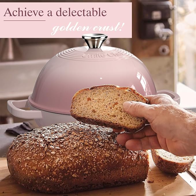 Cast Iron Dutch Oven Pot with Lid, Round Bread Oven for Sourdough Bread Baking, Umite Chef Enameled Cast Iron Bread Oven with Dome Lid & Cotton Potholders for Sourdough, Pink, 6 Quarts