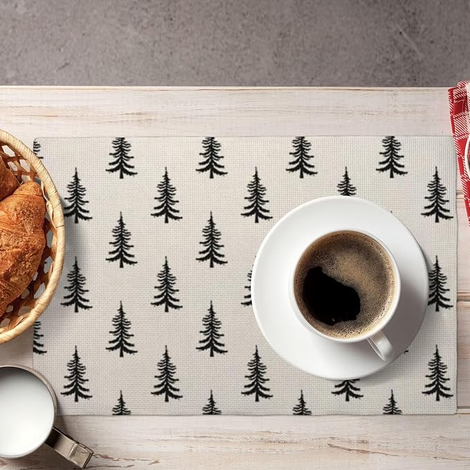 Christmas Set of 4 placemats, Black Christmas Trees Decorative Table Mat 12 x 18 Inch Heat Resistant Non Slip Line Fabric Xmas Holiday Place mat for Party Kitchen Dining Decor