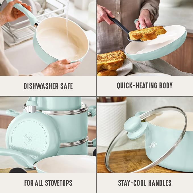 GreenLife 5QT Ceramic Nonstick Stockpot with Lid, Mint Green | PFAS-Free Nonstick Coating, Casserole Pot, Soup Pot, Pasta Pot, Induction Ready, All Stovetop Compatible, Dishwasher Safe