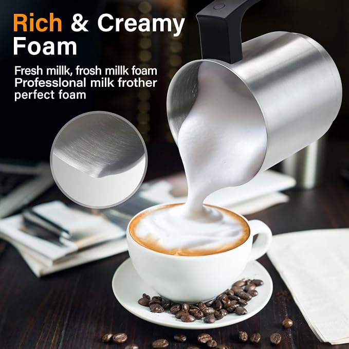 4 in 1 Milk Frother and Steamer, 500ml Stainless Steel Electric Foam Maker | Dial Control & LED Indicator, Hot & Cold Milk Frother, Non-Stick, Silent, Dishwasher Safe, Latte, Macchiato, Hot Chocolate