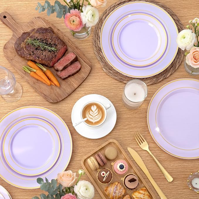 350PCS Purple Plates Disposable - Purple Plastic Plates 50Guests Lavender Disposable Dinnerware Sets with Rolled Napkins for Wedding/Birthday/Baby Shower/Bridal Shower