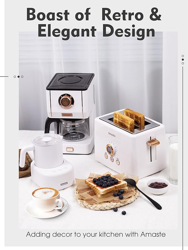 Amaste Retro Style Coffee Machine with 25 Oz Glass Coffee Pot, Reusable Coffee Filter & Three Brewing Modes, Warming Plate, Elegant White with Rose Gold