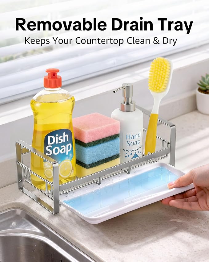 HULISEN Large Kitchen Sponge Holder, 304 Stainless Steel Sink Caddy, Grey | Removable Drain Tray, Holds Sponges Soap Bottles Brushes, Countertop Storage, No Dispenser or Brush