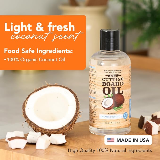 CLARK'S Cutting Board Oil made with Organic Coconut Oil, 12 Oz - Food Grade | Food Safe MCT Coconut Oil, Deep Wood Nourishment, Prevents Drying & Cracking, Butcher Blocks & Bowls