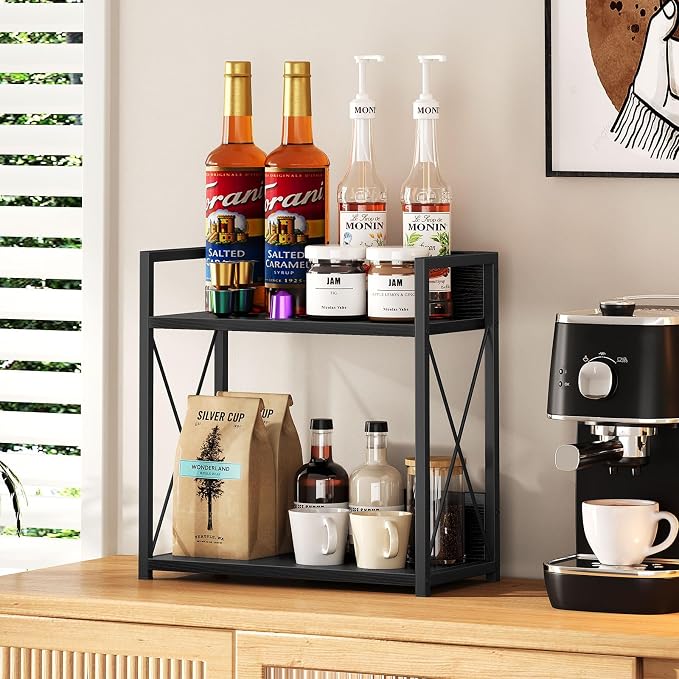 Giikin Kitchen Countertop Organizer, 2 Tier Coffee Bar Organizer, Black Spice Rack for Counter, Kitchen Counter Shelves, Particleboard,15.8" L x 7.9" W x 15.8" H (Black, L)