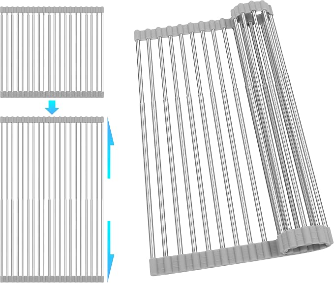 Roll Up Dish Drying Rack Over the Sink 12.5"-21.6" Expandable | 304 Stainless Steel Foldable Sink Drying Rack, Dish Drainer for Kitchen Sink, Dish Dryer Rack Mat for Kitchen Counter, Gray