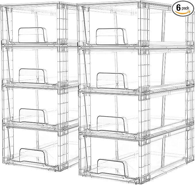Vtopmart 8 Pack Stackable Clear Drawer with Dividers | Clear Drawer Organizers with Removable Dividers for Flexible Storage. Stackable, Non-slip, for Fridge, Under Sink & Bthroom