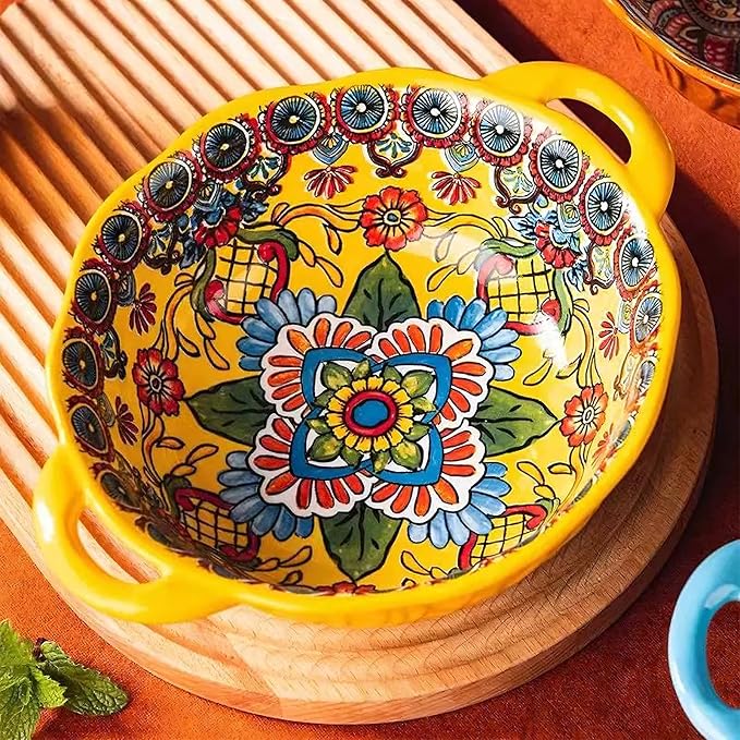 XKXKKE 4 Pack Boho Ceramic Serving Bowls with Handles, 40 Oz Porcelain Salad Bowls, Large Serving Dishes for Entertaining, Mixing Bowls for Soup, Stew, Pasta, Cereal, Colorful Embossed Cute Bowls Set