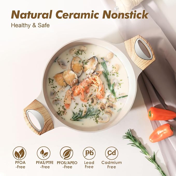 SENSARTE Ceramic Nonstick Stock Pot with Lid, 2.6/4.5/6.6/8.5/11 QT Soup Pot Casserole Pot, Non-toxic Healthy Pasta Pot, Large Cooking Pot Stew Pot, Induction Compatible, PFOA PFAS PTFE Free, Taupe