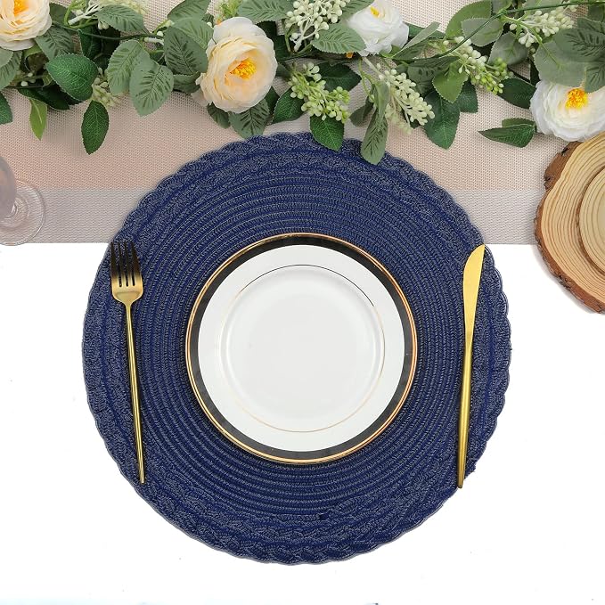 SHACOS Round Placemats Set of 6 Braided Border Fabric Woven Table Mats Washable 15 inch Circle Place Mats for Dining Table, Navy Blue (Pack of 2)