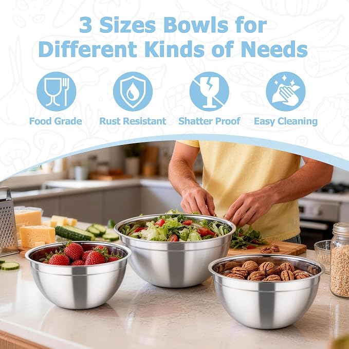 TeamFar Mixing Bowls, 4.5/3/1.5 QT Stainless Steel Nesting Salad Bowls | with Airtight Lids, For Serving/Mixing/Storing/Prepping, Non-Toxic & Sturdy, Visible & Easy Clean, Black, Set of 3