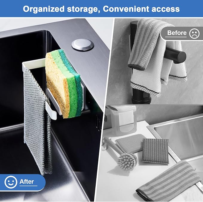 Sponge and Dish Cloth Holder for Kitchen Sink, 2 in 1 Adhesive Sink Dish Sponge Holder, Sinks Caddy Organizer Rack for Storage Sponges Scrubber Glove and Brush, White