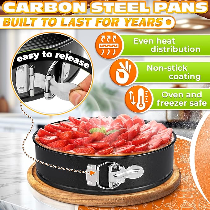 BURIUS Springform Pan Set of 3, 4 7 9 Inch Nonstick Round Cheesecake Pans | Leak-Resistant Sides and Removable Bottoms Release Cheesecakes Cleanly - Easy-Open Latch, Plus 60 Parchment Liners Included