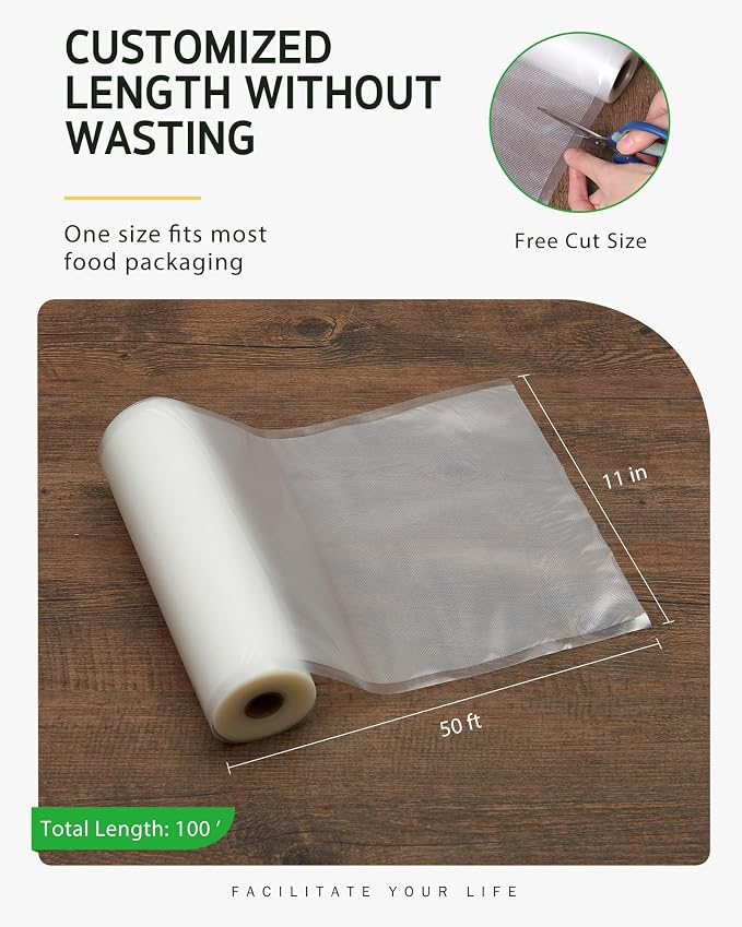 Syntus 2 Rolls 11" x 50' Vacuum Sealer Bags, BPA Free for Food Storage | 4mil Thick, Custom Length, Keep Food Fresh Longer, Freezer Microwave Sous Vide Cooking, Works with Most Vacuum Sealers
