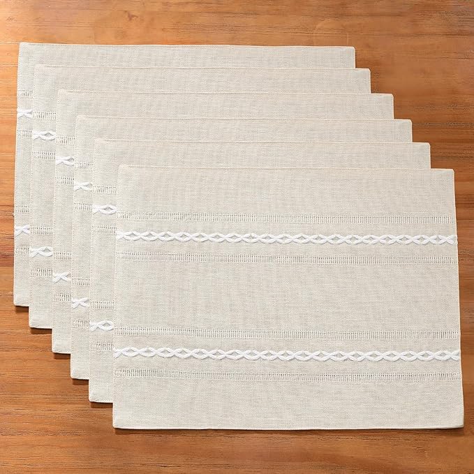 Wracra Cotton Linen Place Mats, Ivory Embroidered Placemats Set of 6 | Placemats 12 x 18 Inch; Cotton Linen Woven Fabric; Heat Resistant Table Mats; Raised Embroidered Hollow Design