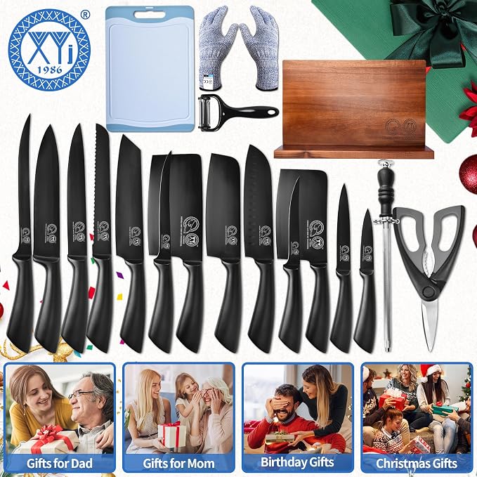 XYJ Professional Knife Sets for Master Chefs, Knife Block Set | Meat Cleaver Butcher for Camping,Chef Knife Set with Magnetic Knife Block,Stainless Steel Kitchen Knives Tools Kit