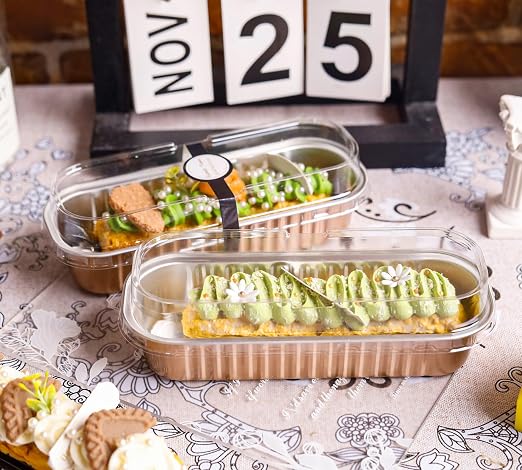 NPLUX Loaf Pans with Lids, 50 Pack Champagne 6.8oz for Weddings | Works for crumble cups, panna cotta, custard and snack servings; add the cover only after contents cool.