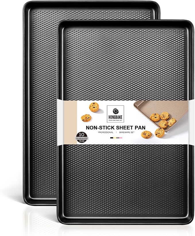 2 Pack Half Sheet Pan Set, 1/2 Cookie Sheets for Baking with Diamond Texture, 17.5" x 12" Large Baking Sheets Non Stick, Non Toxic Oven Trays for Cooking, 57% Thicker Carbon Steel, Dark Gray