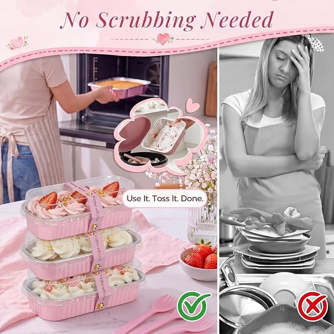 YQER 60 Pack Mini Cake Pans with Lids and Spoons, 6.8 oz Pink Disposable Aluminum Foil Mini Loaf Pans with Stickers, Individual Small Dessert Cake Tins Containers for Baby Showers, Birthdays, Gifts