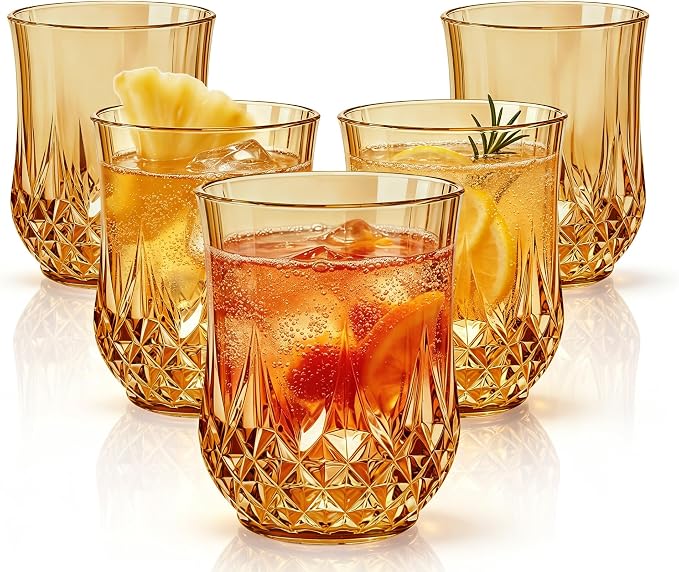 24 Pack 12 Oz Plastic Stemless Wine Glasses, Amber | Unbreakable, Reusable, Elegant Vintage Design, Fancy Cocktail Cups, Whiskey, Champagne, Wedding, Party, Bars, Holiday Events