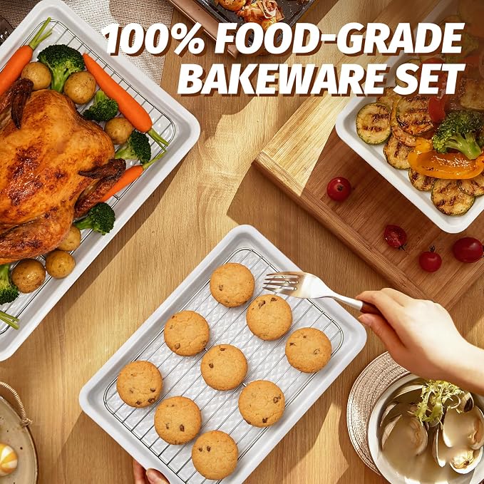 Nonstick Ceramic Baking Sheet with Rack, 2-Pack 13x9 Quarter Sheet Pan,(External 10x14), Non-Toxic PTFE & PFOA Free Warp-Free Oven Safe 550°F Dishwasher Safe, Aluminized Steel, Gray Yellow