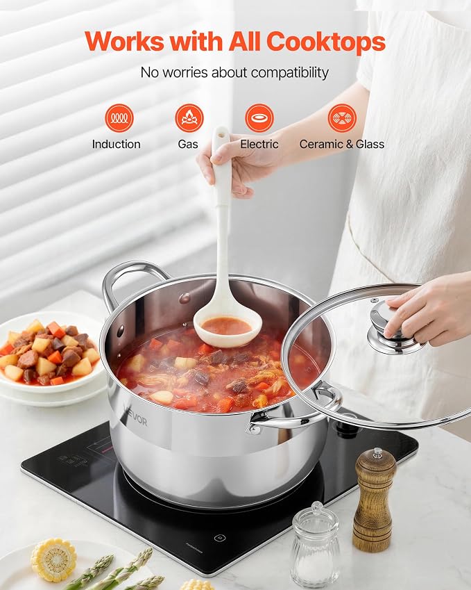 VEVOR Stainless Steel Stock Pot, 8QT Stainless Steel Stockpot with Glass Lid, PFOA-Free, PFAS-Free, Compatible with Gas Stoves, Induction Cooktops, Electric Stoves, for Soups, Stews, and Pasta