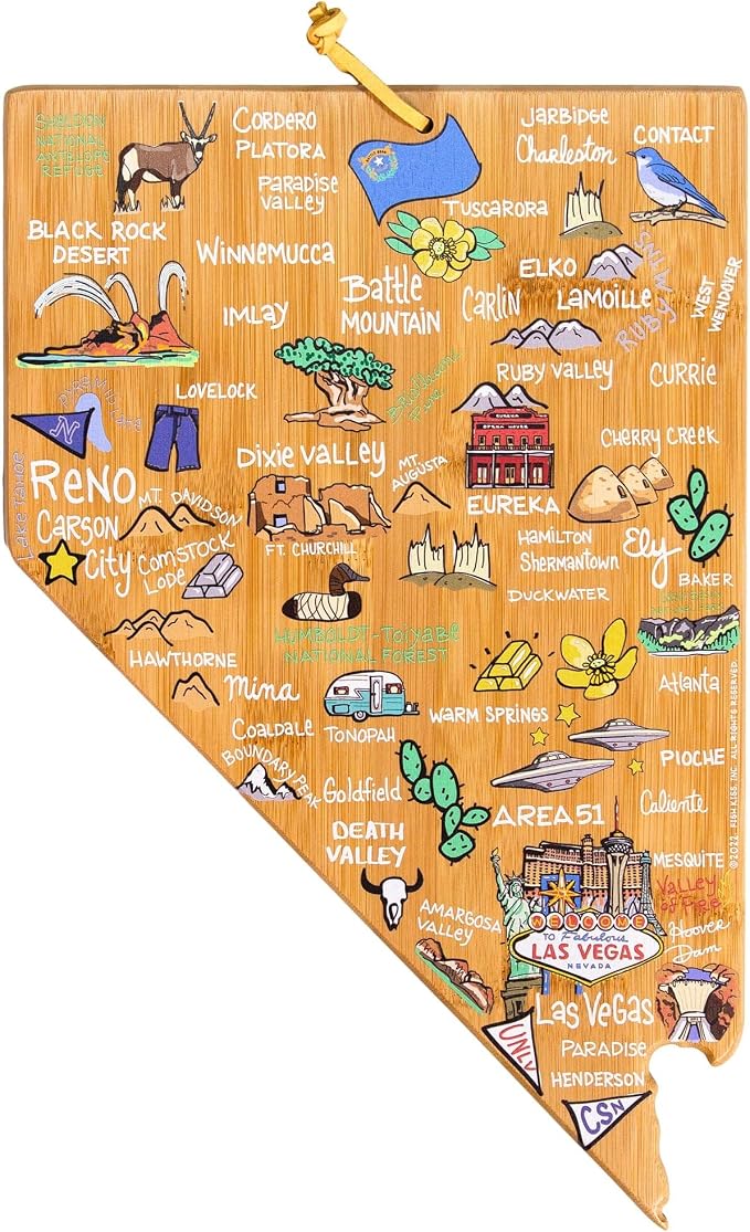 Totally Bamboo Nevada State Shaped Cutting Board, Art by Fish Kiss | State charcuterie board with colorful hand-drawn map artwork. Smooth reverse side for food prep. Hang tie for wall display.