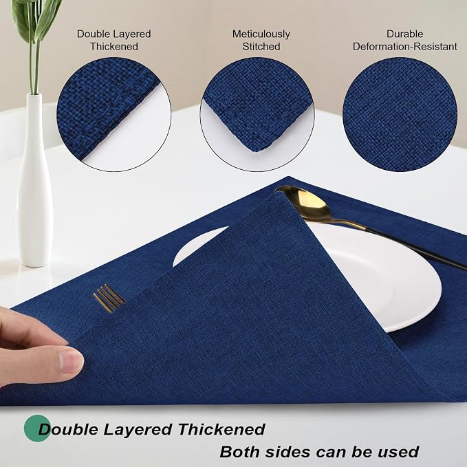 Cloth Placemats Set of 4, Cotton Linen Blend Place Mats, Navy Blue | Machine Washable, Double Layered, Heat Resistant, Fabric Dining Table Mats for Kitchen, Indoor & Outdoor, 13" x 19"