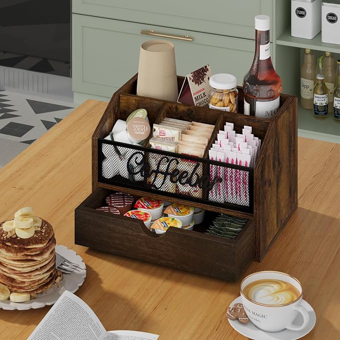 YINMIT Coffee Station Organizer with Drawer for Countertop, Wood Coffee Bar Organizer with Removable Dividers for Pods, Syrup, Cups, Stirrer, Tea, Iron Mesh-Vintage Brown, 2 Tier