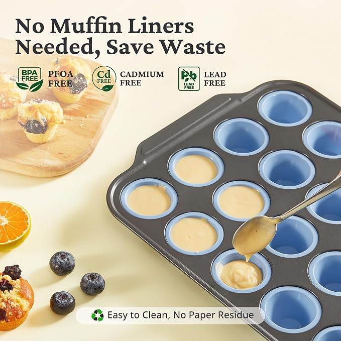 BRONYPRO 2-Pack 12 Cup and Mini 24 Cup Silicone Muffin Pans for Baking with Metal Frame, Egg Bite Molds, Muffin Tins Easy to Pop Nonstick Non Toxic Bakeware for Oven,Blue