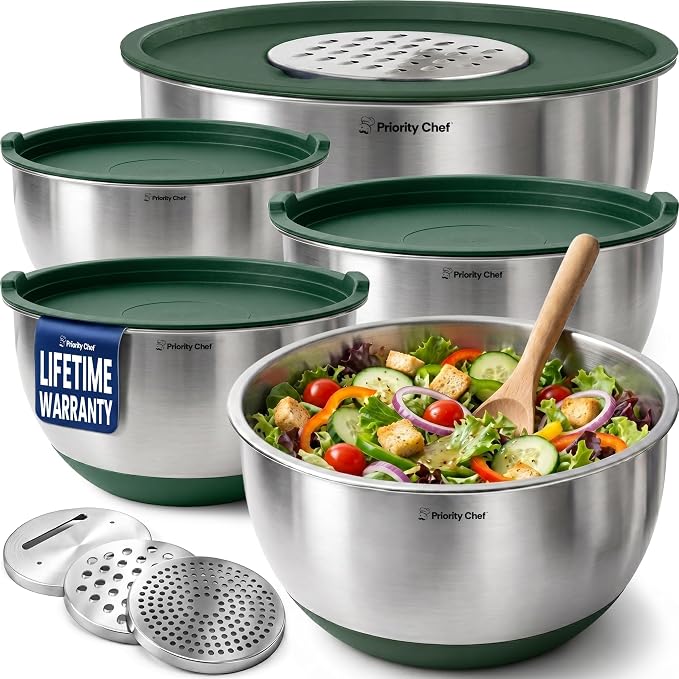 Stainless Steel Mixing Bowls with Lids Set, 3 Grater Attachments, Airtight Lids, Non-Slip Silicone Base Mixing Bowl Set, Large Prep Metal Mixing Bowls for Kitchen, Green