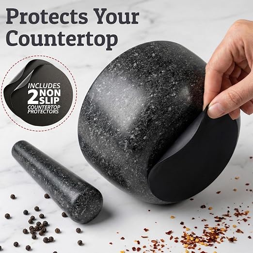 Heavy Duty Large 4 Cup Mortar and Pestle Set, 100% Natural Granite, 7 Inch Diameter Bowl, 7.2 Inch Pestle, Non-Slip Base, Stone Grinder for Guacamole Salsa Pesto Herbs Spices, Black