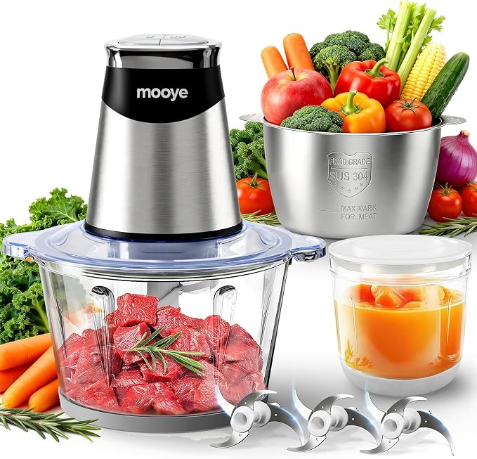 Food Processor Electric Food Chopper with Meat Grinder & Vegetable Chopper - 3 Bowls(8Cup+8Cup+3Cup) with Powerful Copper Motor - Includes 3 Sets of Bi-Level Blades for Fruits/Meat/Nuts