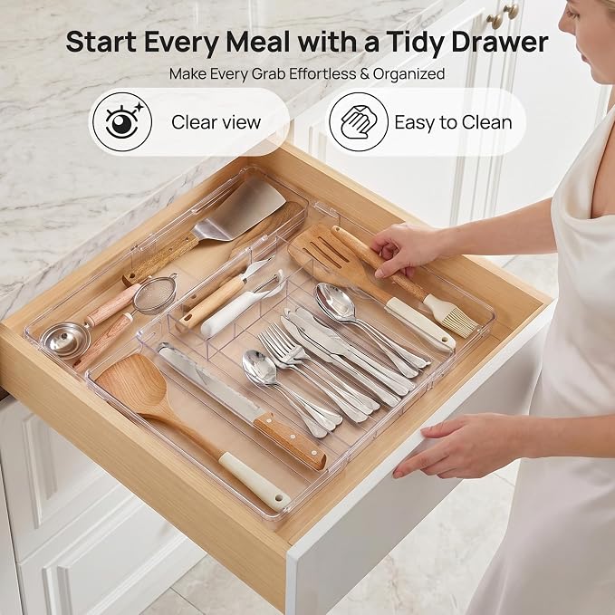 Vtopmart Expandable Silverware Organizer, Kitchen Drawer Tray, 6-9 Slots | Adjustable Flatware Organizer Expands to Fit Drawers, Organize Spoons, Forks, Knives and Kitchen Utensils with Easy Access