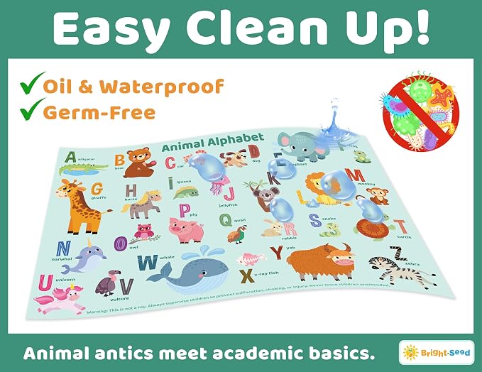 Bright Seed Disposable Placemats for Baby & Toddlers, Learning Mat- Animal1 | 40 Disposable Placemats, ABC, Numbers & Animal Learning, Perfect for Restaurants & Travel, Helps Keep Tables Clean
