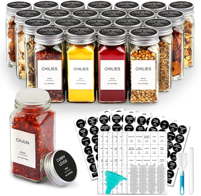 AISIPRIN 24 Pcs Glass Spice Jars with Labels, 4oz Small Empty Square Seasoning Containers Bottles - Shaker Lids, Funnel, Brush,469 Labels and Marker Included