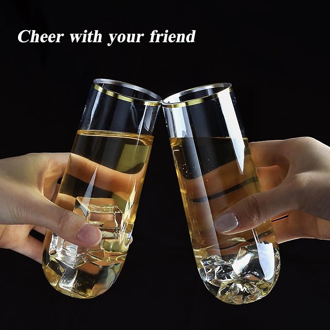 Bestluck 24 Pack 9 oz Stemless Plastic Champagne Flutes Gold Rim | Clear Disposable Champagne Glasses, Shatterproof and BPA-Free Drinkware for Party & Graduation & Wedding