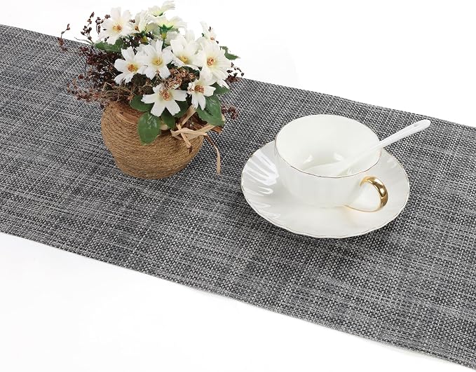 SHACOS Woven Vinyl Table Runners 12 x 54 inch Wipeable PVC Weave Table Runner Heat Resistant Runner for Dining Table Indoor Outdoor, Dark Gray