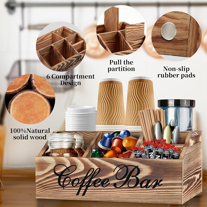 Wood Coffee Station Organizer for Counter | Farmhouse Coffee Bar Organizer | Coffee Pods Holder Bar Accessories | Tea Condiment Basket | Home Decor