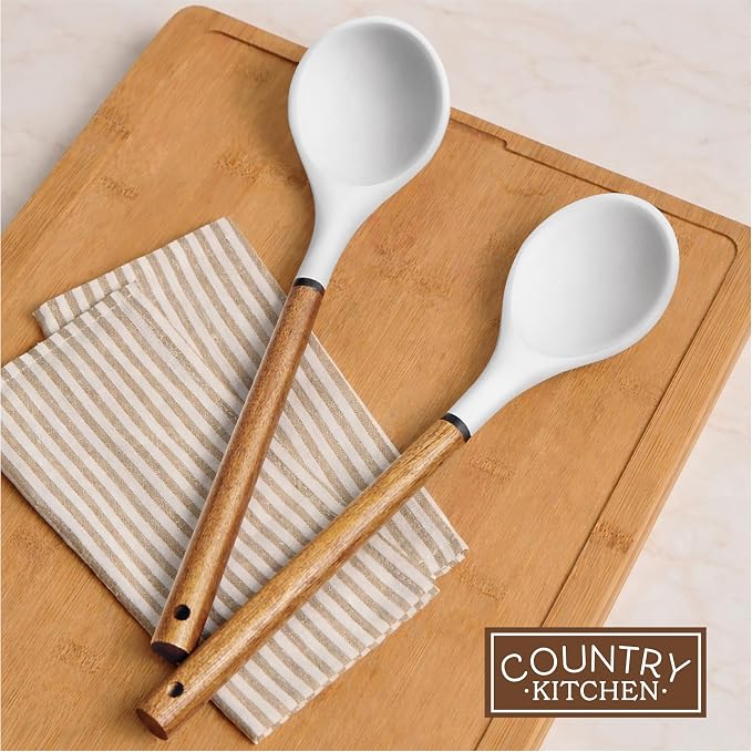 Country Kitchen Non Stick Silicone Utensil Set with Rounded Wood Handles for Cooking and Baking, 8 Piece Set, White