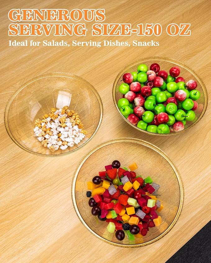 BESTVIP 150 Oz Glitter Gold Plastic Serving Bowls, 4 Pack | 11.6-Inch Disposable & Reusable Bowls for Salad, Snacks, Chips & Candy, Stackable for Parties, Holidays & Meal Prep