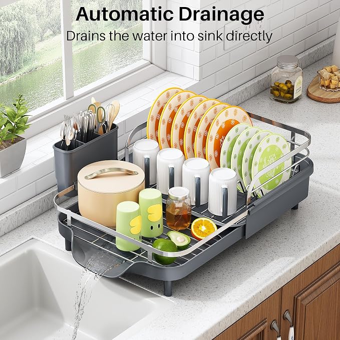 SAYZH Expandable Dish Drying Rack for Small Kitchen Counter, Grey | Stainless Steel, Protective Guardrail, Angled Drainboard, Fits High-Rim Sinks, Removable Utensil Holder