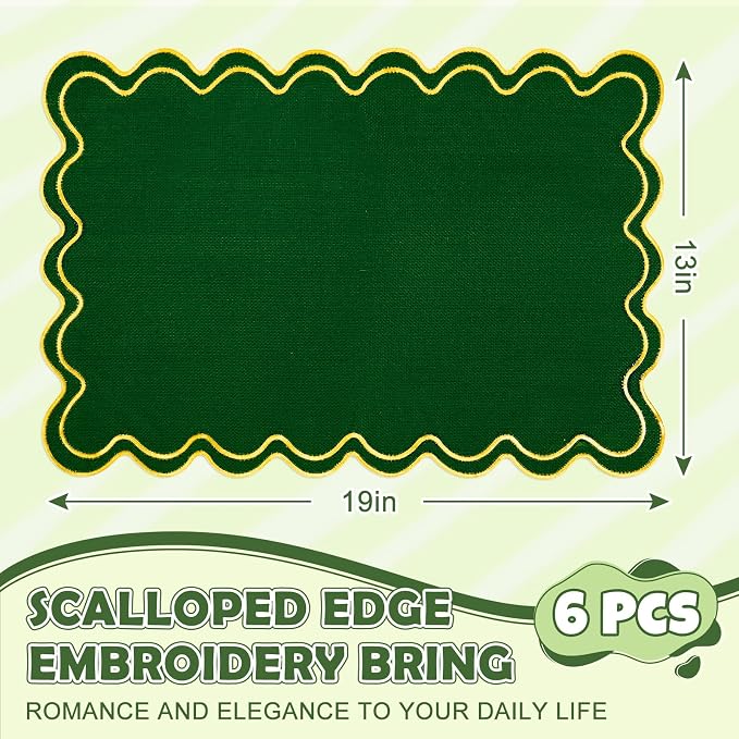 Whaline Green Linen Placemats Embroidered Scalloped Kitchen Place Mats for Birthday Party Home Dining Table Decor, Set of 6, 13 x 19 in