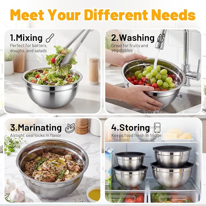Beasea Mixing Bowls with Lids Set of 5, 1.5/2/2.5/3.4/4/5 QT Stackable Nesting Stainless Steel Bowls with Lids, for Meal Prepping, Salad, Food Serving, Baking Set for Dough, Cream, Batter
