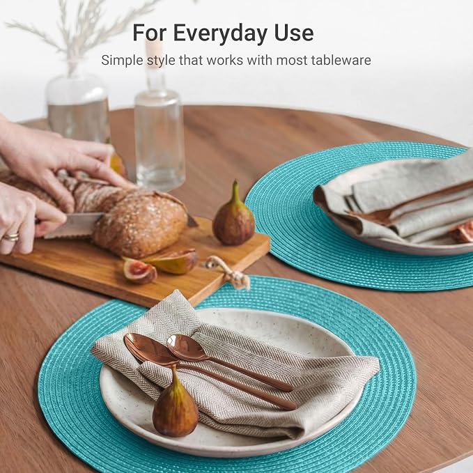 FunWheat Round Braided Placemats Set of 4 Table Mats for Dining Tables Woven Washable Non-Slip Place mats 15inch (Turquoise, 4pcs)
