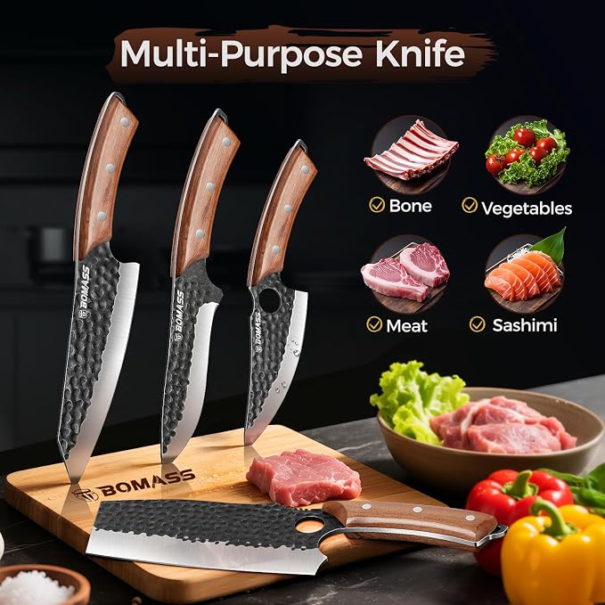 5PCS Butcher Knife Set, Hand Forged Kitchen Chef Knife Set Gift | Meat Cleaver Knife Viking Boning Knife for Home, Outdoor Camping, BBQ, High Carbon Steel Japanese Knives, Gift for Men Father
