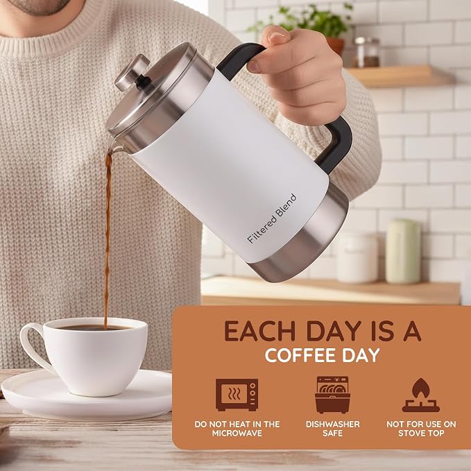 54 oz French Press Coffee Maker, Stainless Steel, Double Filter, White | French Press Coffee Maker, Stainless Steel, Double Mesh Filter, Hot & Cold Brewer, Travel Friendly Gift, White