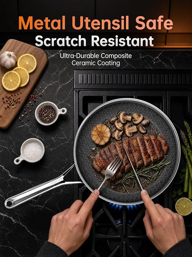 Stainless Steel Non Stick Frying Pan Set With Lid | Stainless Steel, PFAS/PFOA/PTFE-free & non-toxic. Compatible with All Stovetops. Oven & dishwasher safe. Stay cool handle
