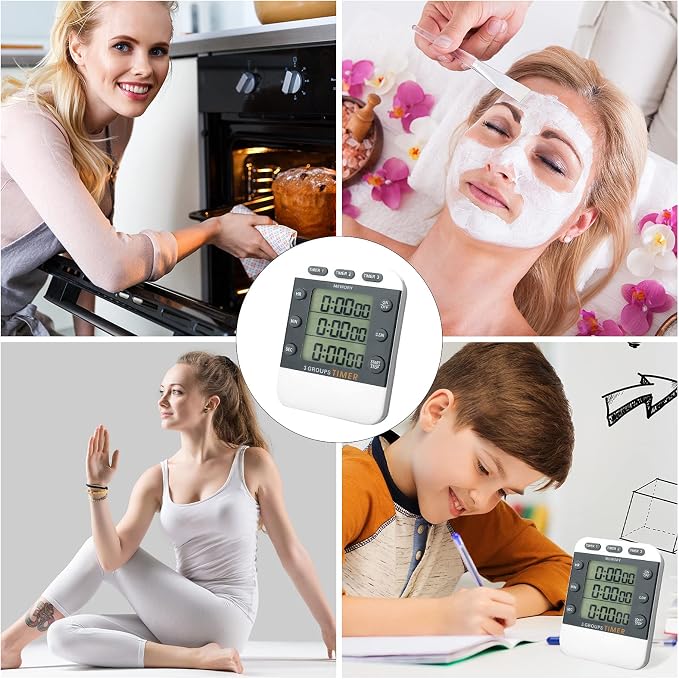 Photect 2 Pcs Digital Kitchen Timer 3 Channels Multi Timer Loud Adjustable Alarm Magnetic Count up Down Memory Preset Battery Included for Cooking Baking BBQ Study Classroom